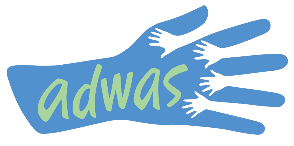 ADWAS logo, blue hand with 4 white hands holding on it with adwas in green text