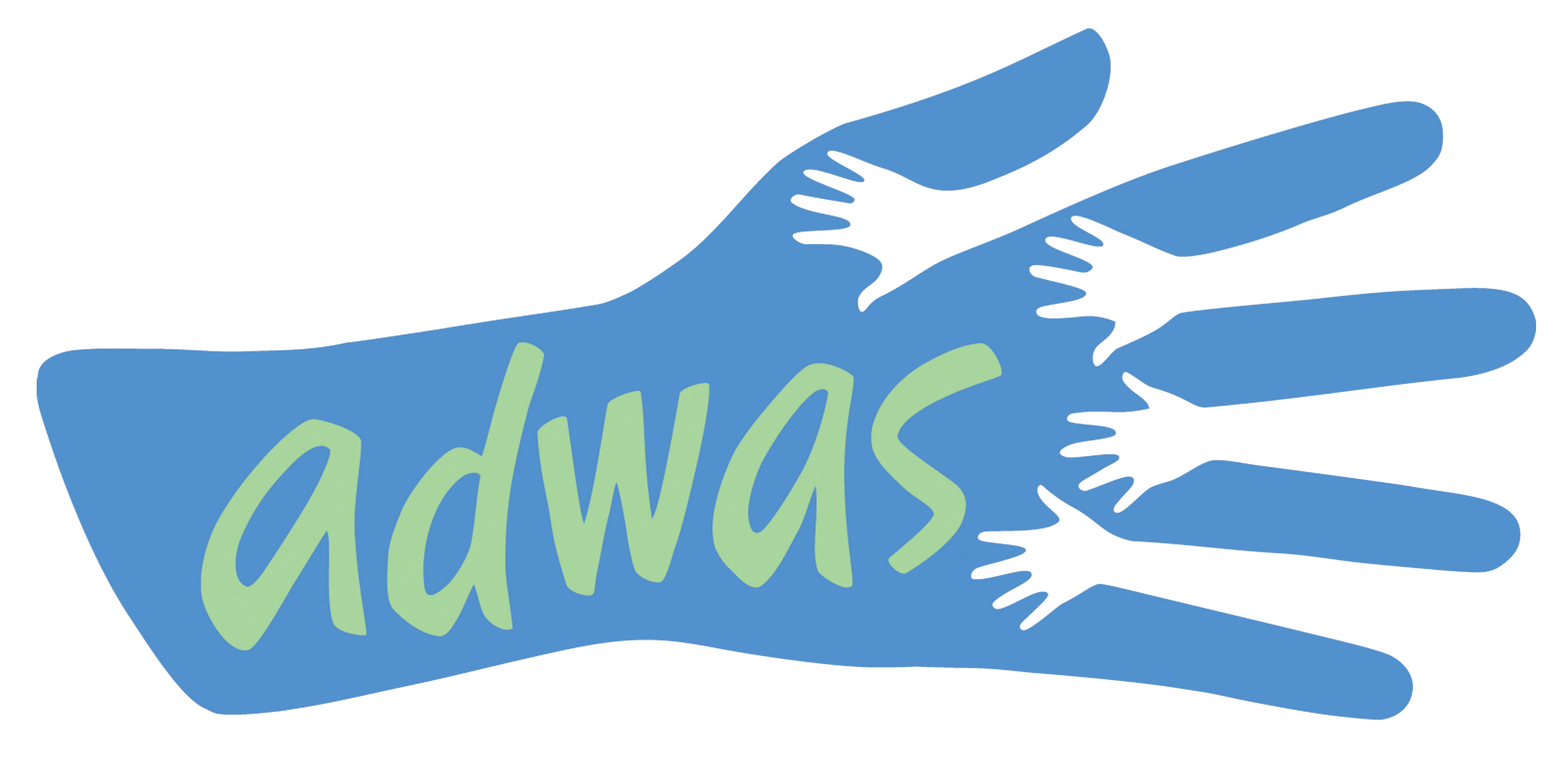 ADWAS logo, blue hand with 4 white hands holding on it with adwas in green text