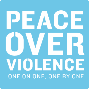 Peace Over Violence logo, blue square with white text: one on one, one by one